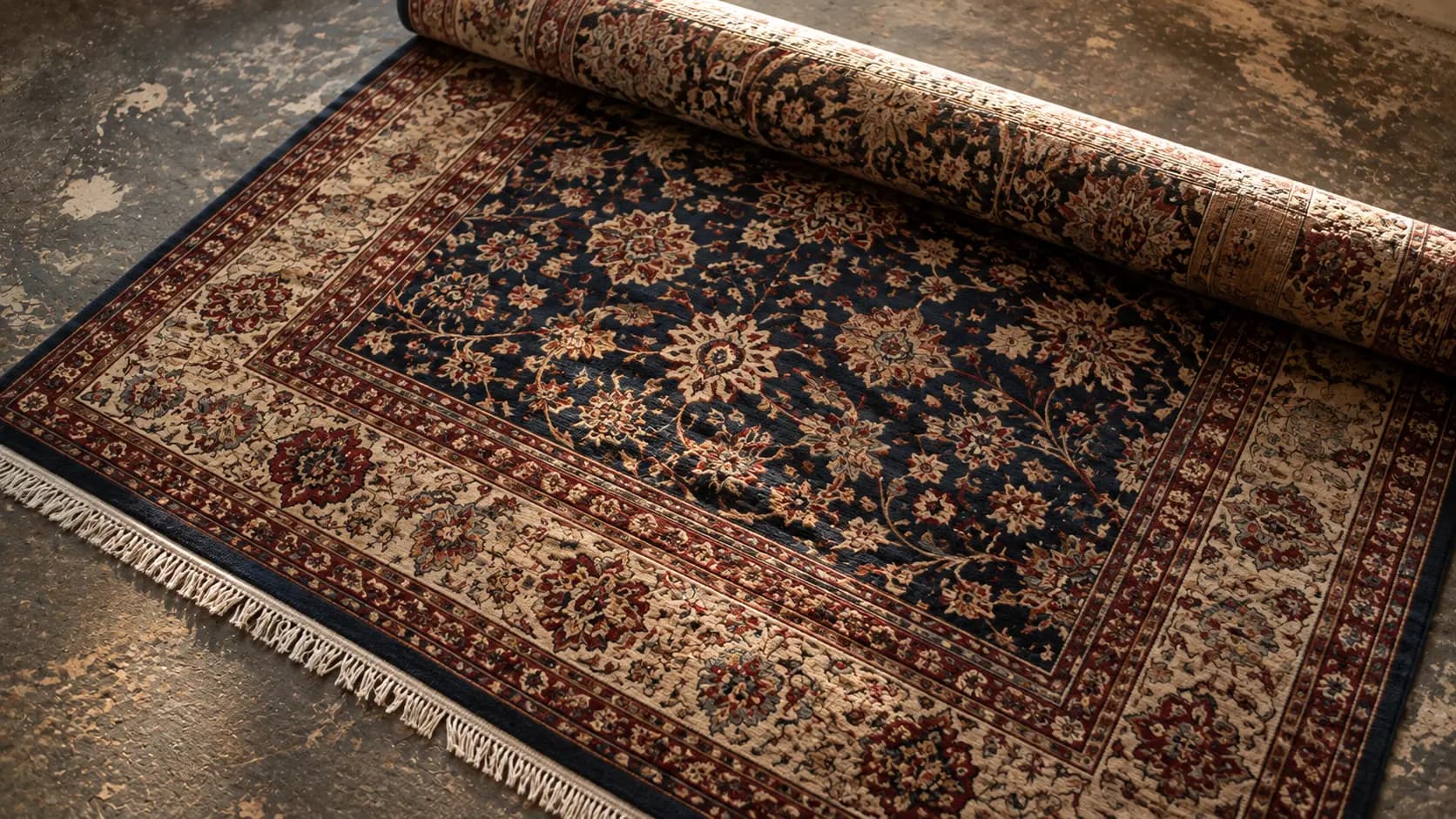 Finished hand-knotted Bhadohi carpet with traditional motifs